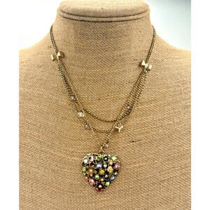 Betsey Johnson Multi-Strand Gold Tone Heart Pendant Necklace - Colorful Crystal